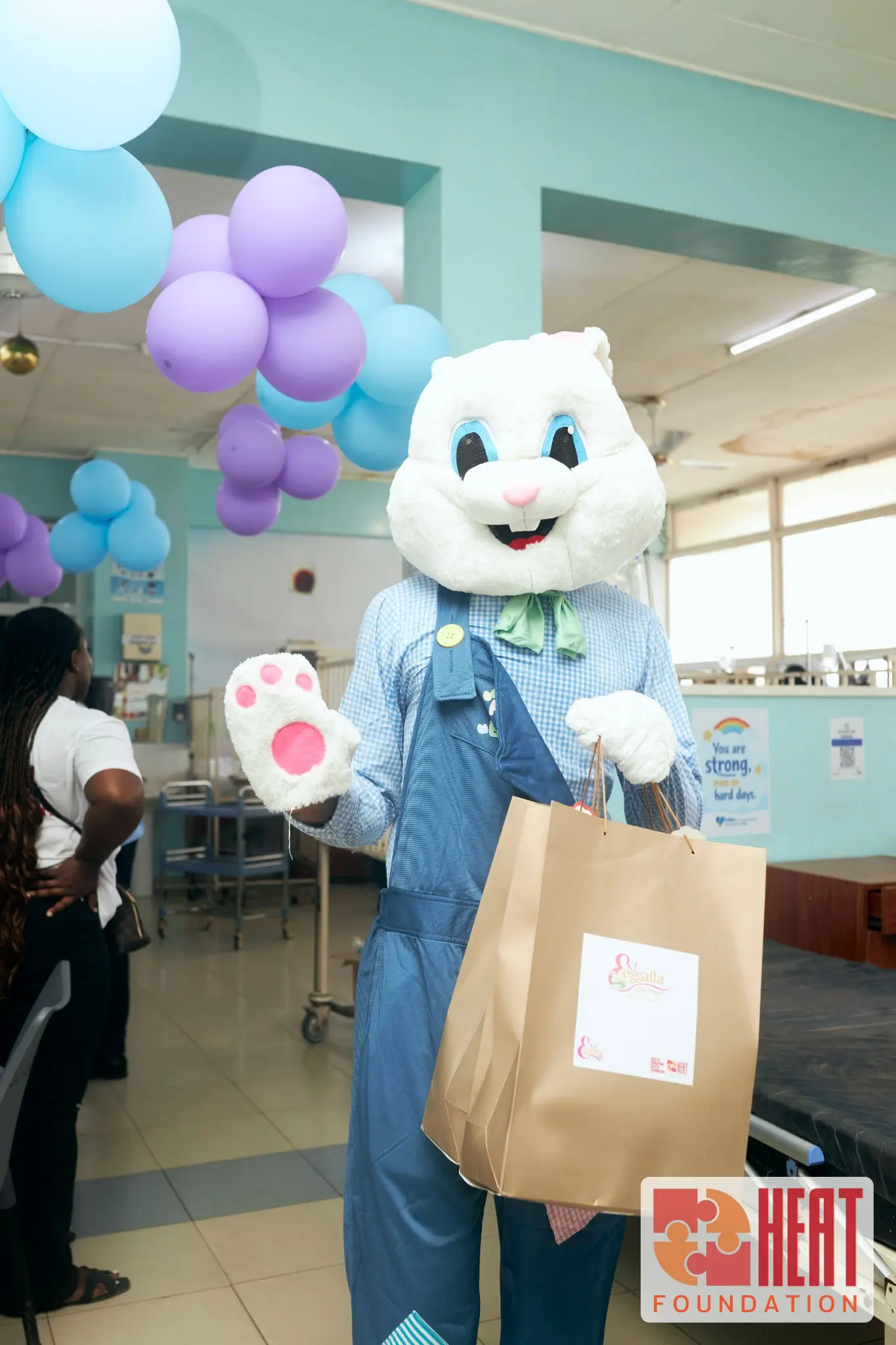 Eggalla Easter bunny mascot visiting the Korle Bu ward